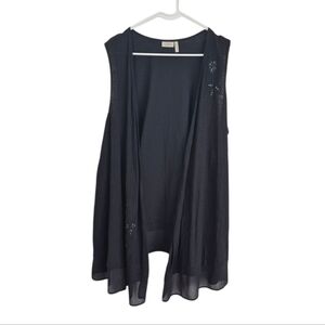 Logo By Lori Goldstein Beaded Floral Appliqué Cotton Slub Vest Black 2X Artsy